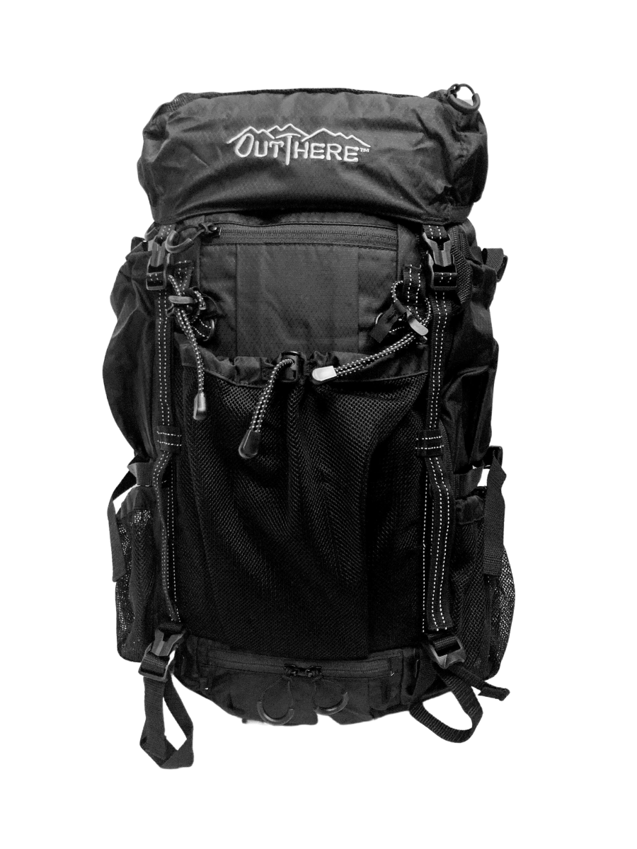 A black 30L adventure racing backpack with multiple compartments and adjustable straps, featuring the brand name 'OUT THERE' on the top pocket.