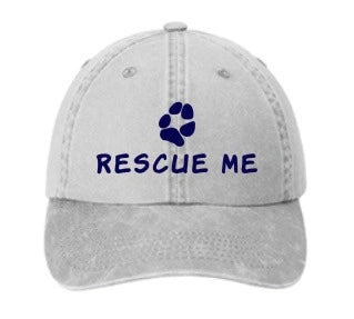 Gray cap with 'Rescue Me' and paw print design on a white background