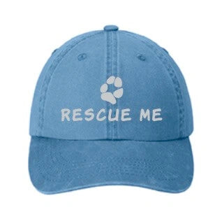 Blue cap with 'RESCUE ME' text and paw print on a white background