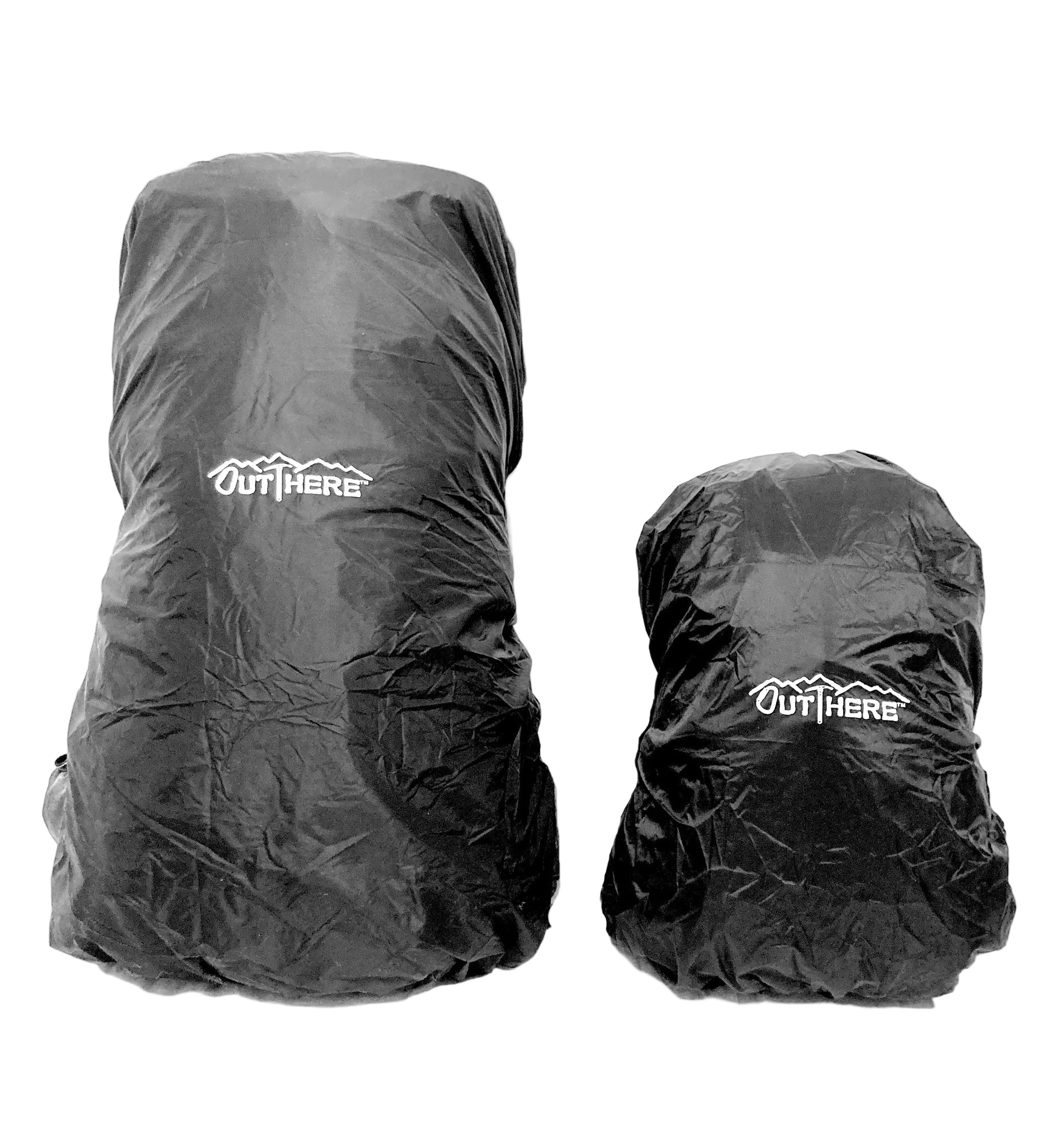 Two black waterproof rain covers for backpacks displayed side by side, with the brand 'OutThere' visible on both covers.