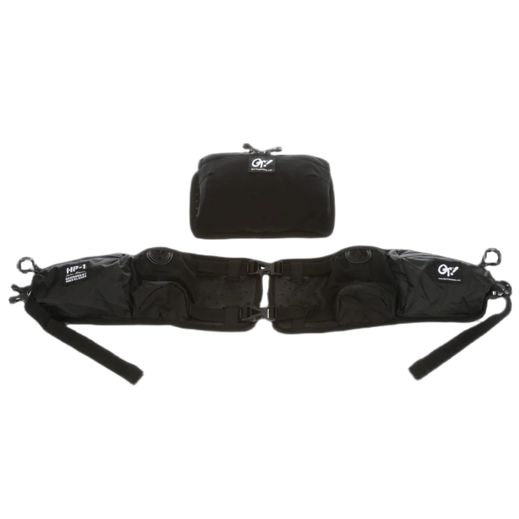 Black waist bag with straps on a white background