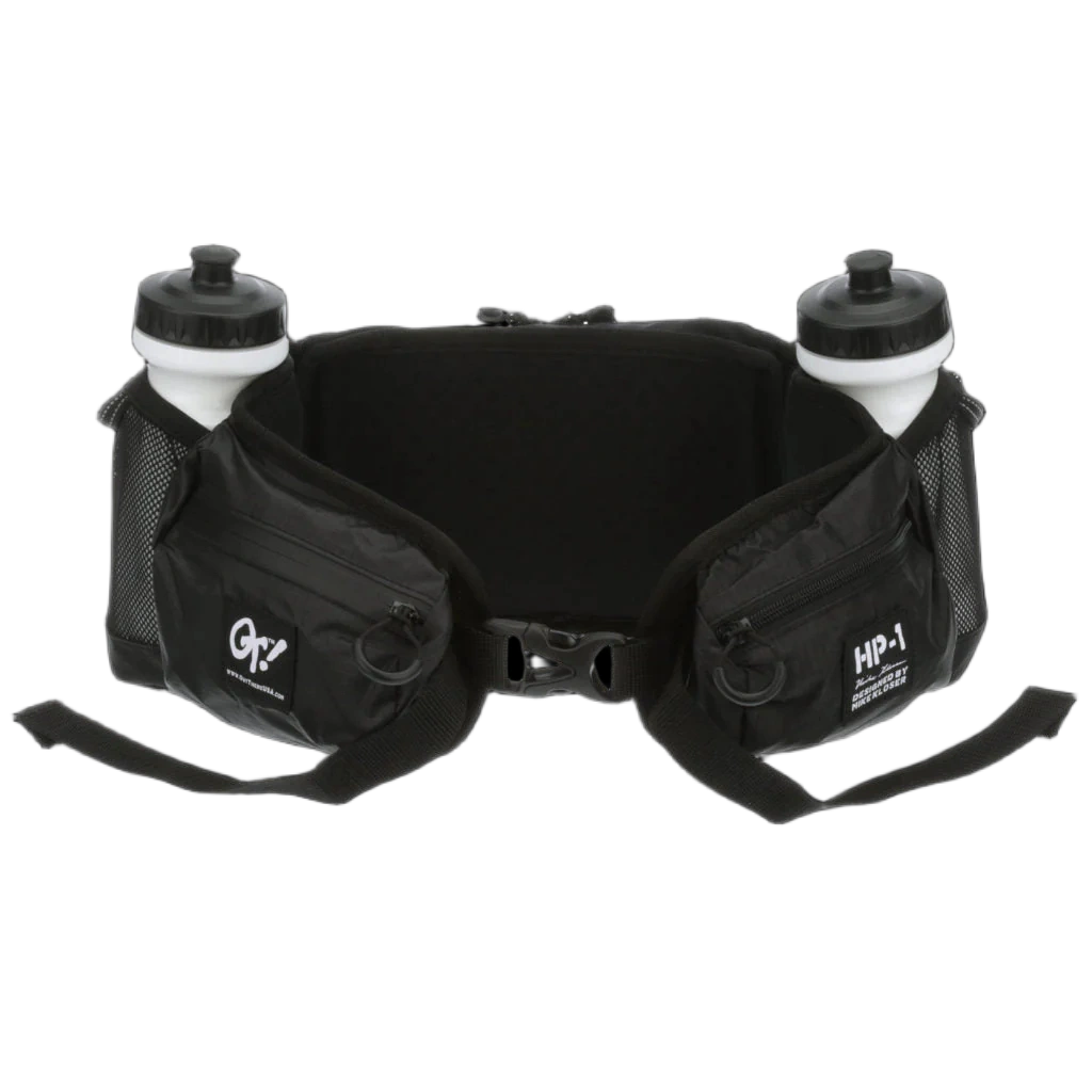 Black waist bag with water bottles on a white background