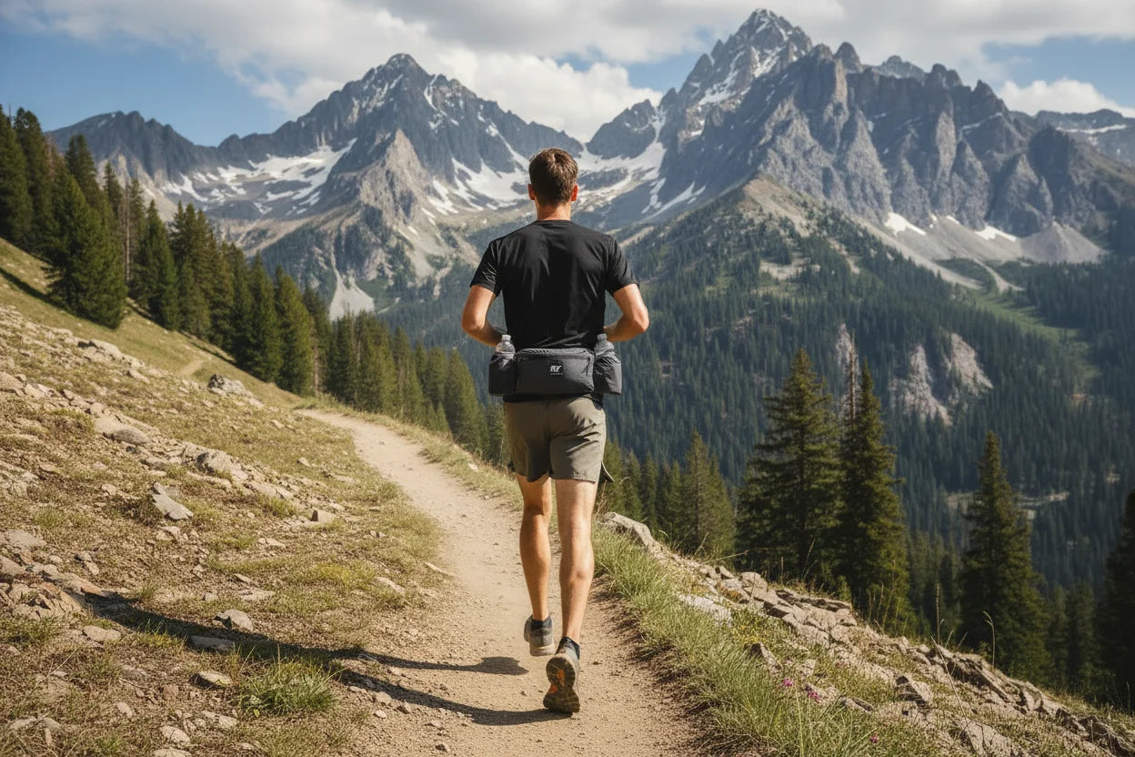 Gray running bag with multiple pouches on a white background